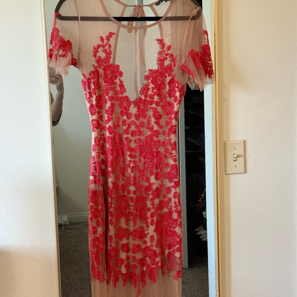 For Love And Lemons Red and Pink Lace Midi Dress